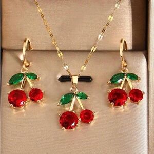 Gold Cherry Pendant Necklace & Earrings Set with Red and Green Crystals